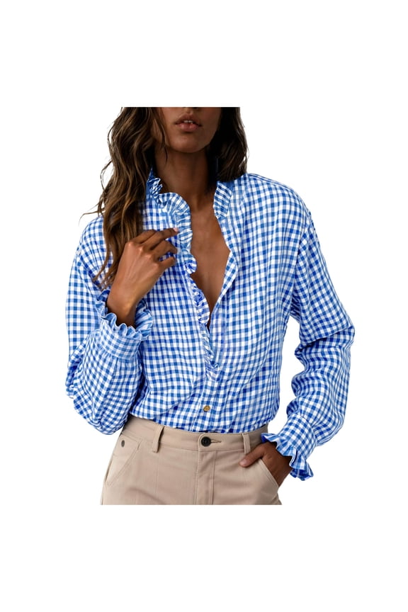 Womens Plaid Ruffle Button Down Blouse Casual V Neck Long Sleeve Gingham Trendy Tops Work Checkered Shirt (Blue, S)