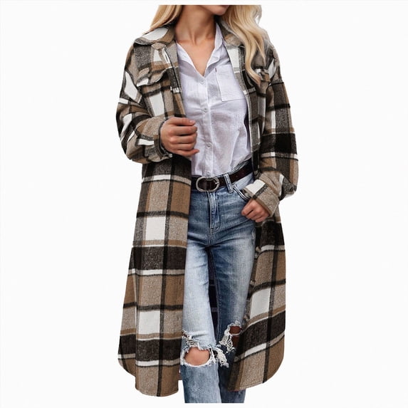 COMVALUE Womens Plaid Shacket Long Flannel Shirt Jacket Corduroy Coats Casual Lapel Button Down Oversized Cardigan with Pockets (Khaki, XXL)