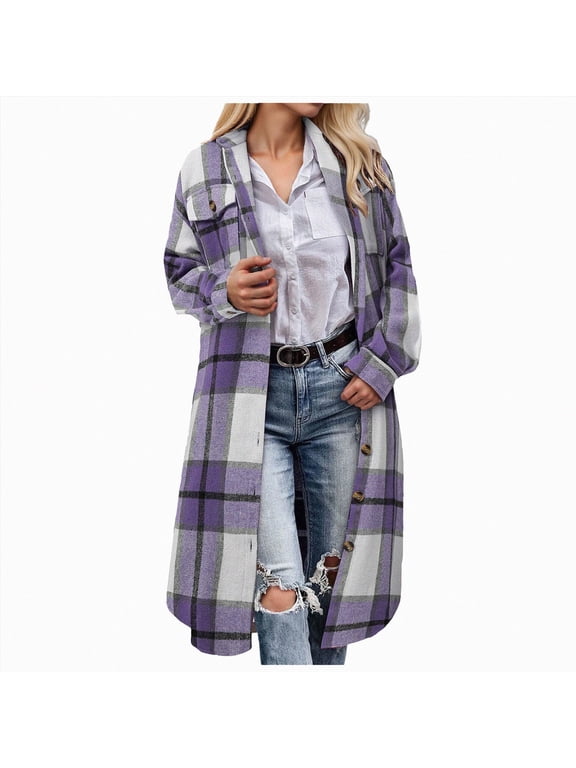 Womens Plaid Shacket Long Flannel Shirt Jacket Corduroy Coats Casual Lapel Button Down Oversized Cardigan with Pockets (Purple, M)