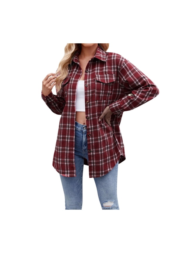 Womens Plaid Shirts Oversized Lightweight Buffalo Plaid Button Down Shirt Blouse Tops 2026 (Red, L)