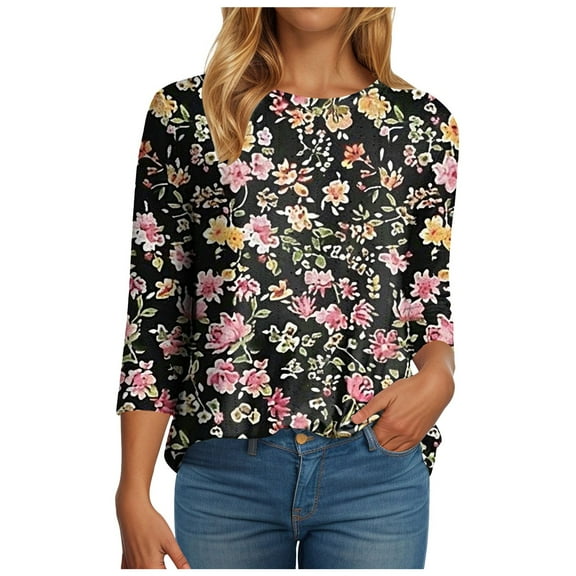 COMVALUE Womens Plus Size Tops Summer 3/4 Length Sleeve Crewneck Blouses Dressy Casual Loose Curvy Flowy Tunic Shirts 1X-5X( Black,M)