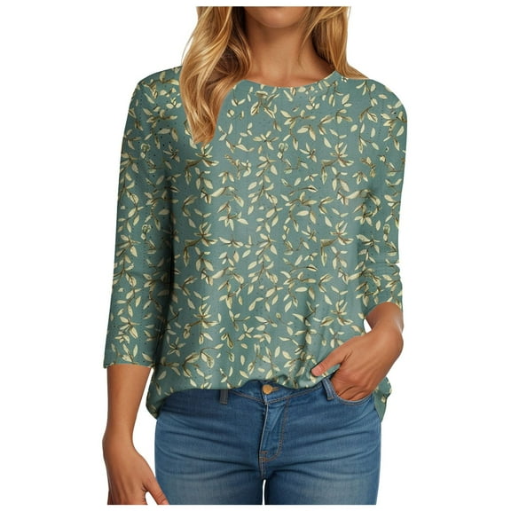 COMVALUE Womens Plus Size Tops Summer 3/4 Length Sleeve Crewneck Blouses Dressy Casual Loose Curvy Flowy Tunic Shirts 1X-5X( Green,XL)