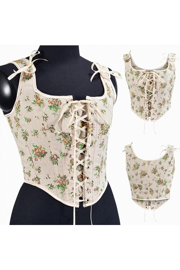 Womens Sexy Bustier Corset Top Y2K Eyelet Lace-up Floral Print Push Up Crop Tops Vintage Tank Party Clubwear Bodice (Yellow, 3XL)