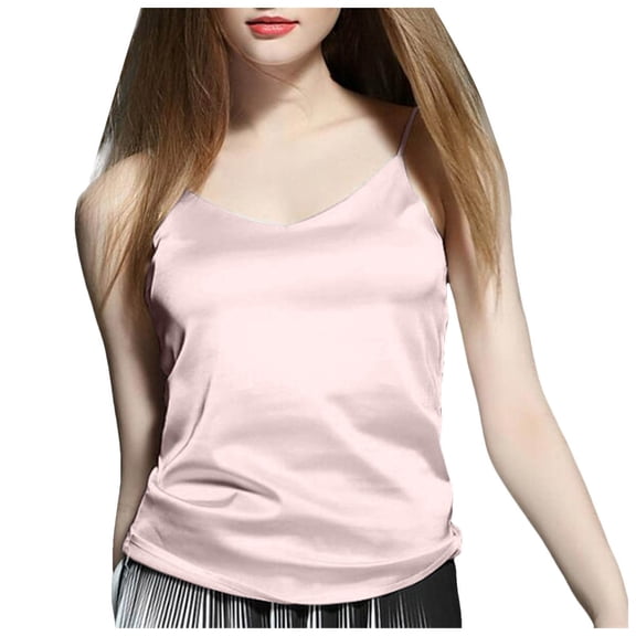 COMVALUE Womens Simulated Silk Elastic Satin Backless Beautiful Small Sling Tank Top V Neck Spaghetti Strap Top (Pink, 3XL)