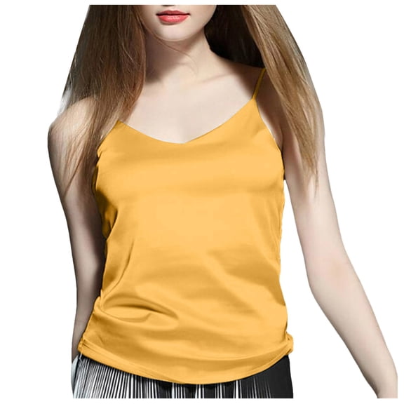 COMVALUE Womens Simulated Silk Elastic Satin Backless Beautiful Small Sling Tank Top V Neck Spaghetti Strap Top (Yellow, M)