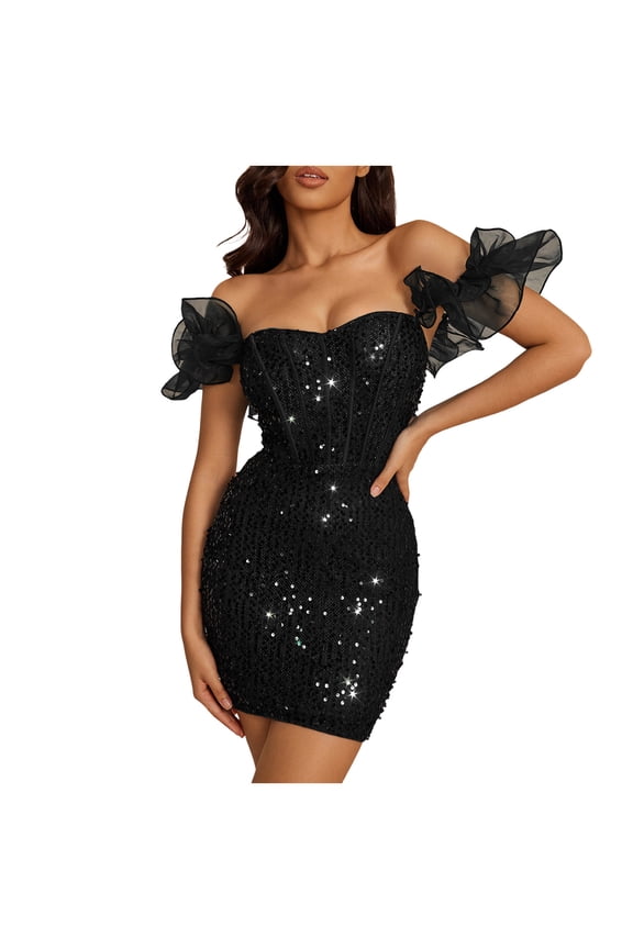 Womens Sparkly Sequin Mini Short Dress Shiny Glitter Off Shoulder Sequin Cocktail Party Club Bodycon Dresses 2026 (Black, S)