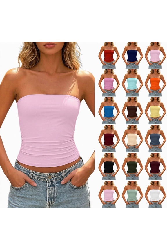 Womens Strapless Tube Tops Ruched Bandeau Stretchy Basic Going Out Summer Shirts Crop Tank Top (Wine, L)
