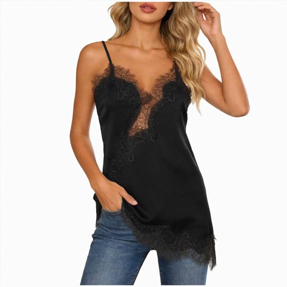 COMVALUE Womens Summer Satin Lace Cami Tops Sexy V Neck Asymmetrical Backless Camisole Spaghetti Strap Silky Black for Size XS
