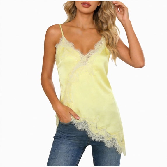 COMVALUE Womens Summer Satin Lace Cami Tops Sexy V Neck Asymmetrical Backless Camisole Spaghetti Strap Silky Yellow for Size S