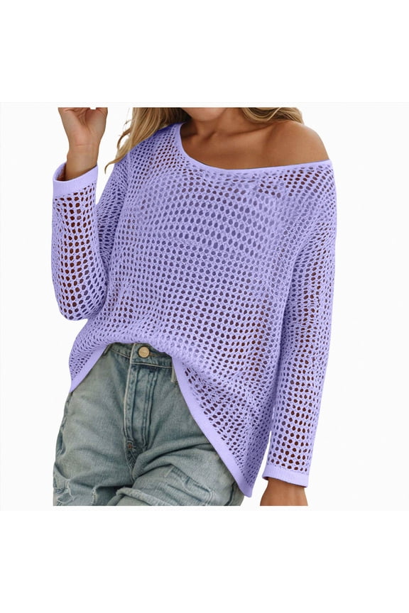 Womens Summer Scoop Neck Short Sleeve Sweater Casual Crochet Out Knit Tops Pullover Shirts Beach Coverup (Purple, XXS)