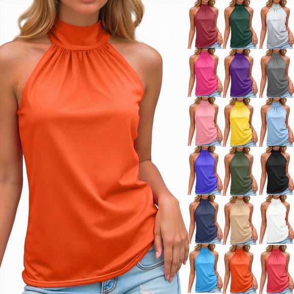 COMVALUE Womens Summer Sleeveless Mock Neck Halter Tank Tops Tie Back Pleated Casual Keyhole Cami Blouse Sky Blue S
