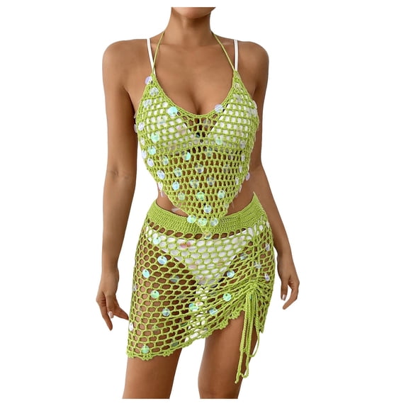 COMVALUE Womens Swimsuit Cover Up 2 Piece Sequin Crochet Set Bikini Coverups Beach Outfits 2026 (One Size, Green)