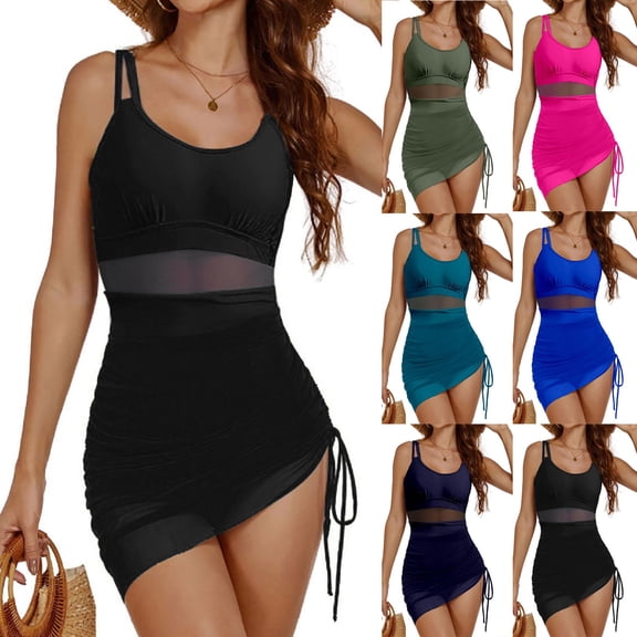 COMVALUE Womens Swimsuit Modest Tummy Control Bathing Suit Swimwear 2026 Slimming Mesh Swimwear (Dark Blue, L)