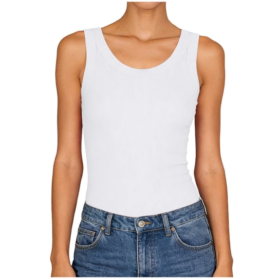 COMVALUE Womens Tank Tops 2026 Scoop Neck Ribbed Sleeveless Top Casual Basic Slim Fitted Knit Cami Tee Shirts (White, M)