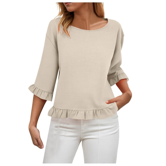 COMVALUE Womens Tops 3/4 Sleeve Dressy Casual Blouses Summer Outfits Plus Size Spring Clothes (Khaki, L)