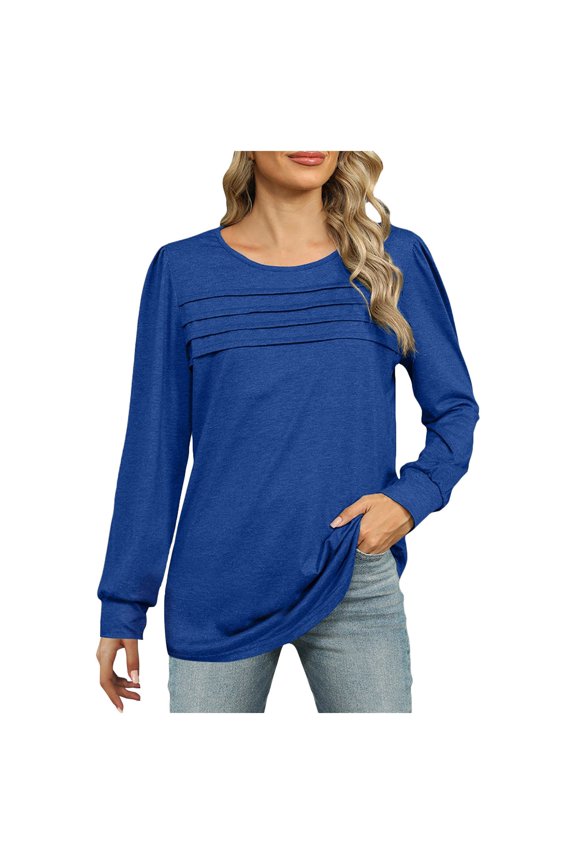 Womens Tops Round Neck 3/4 Length Sleeve Casual Tunic Tops Pleated Shirts Dressy (Blue, L)