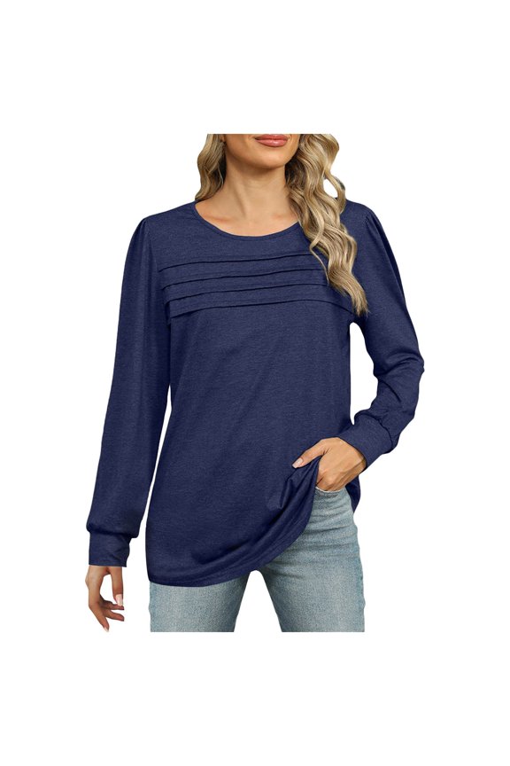 Womens Tops Round Neck 3/4 Length Sleeve Casual Tunic Tops Pleated Shirts Dressy (Navy, L)