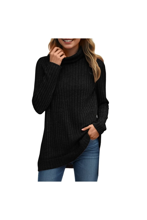 Womens Tunic Tops Turtleneck Long Sleeve Shirts Oversized Fall Sweaters Split Tunic (Black, S)
