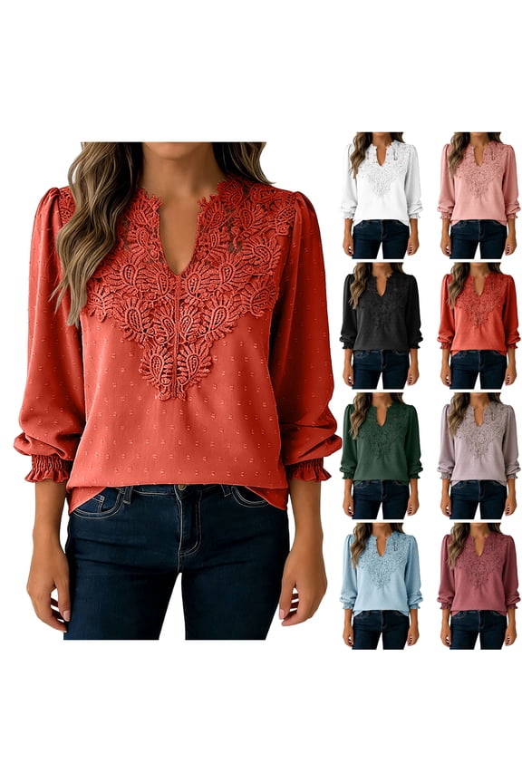 Womens V-Neck Dressy Lace Blouse Ruffle Long Sleeve T Shirt Fall Fashion Clothes Casual Boho Tees Tops (Orange, M)