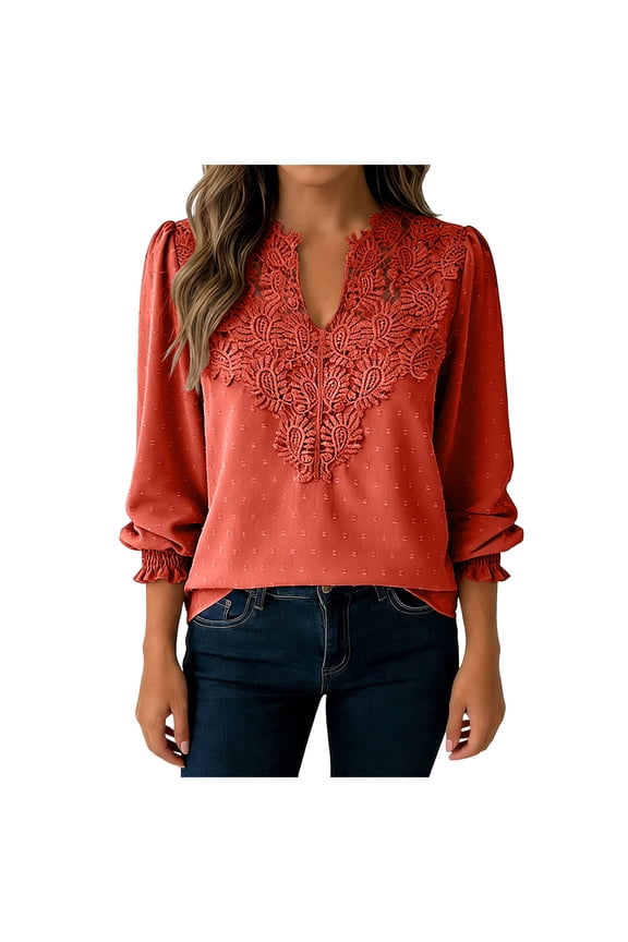 Womens V-Neck Dressy Lace Blouse Ruffle Long Sleeve T Shirt Fall Fashion Clothes Casual Boho Tees Tops (Orange, XXL)