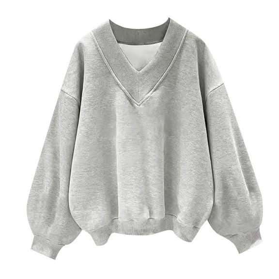 COMVALUE Womens V Neck Oversized Sweatshirts Casual Drop Shoulder Long Sleeve Pullover Tops (Grey,S)