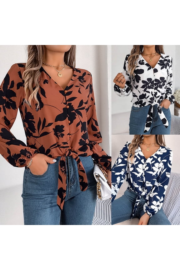 Womens V Neck Tie Front Knot Long Sleeve Fit Floral Blouses Office Business Shirt (Blue, S)