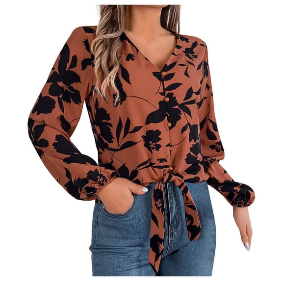 COMVALUE Womens Tie Front Knot Long Sleeve Fit V Neck Floral Blouses Chiffon Tops Shirts Office Business Shirt 2026 (Brown, XL)