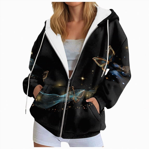 COMVALUE Womens Zip Up Hoodies Boho Floral Long Sleeve Sweatshirts Casual Graphic Y2K Hoodie Fall Hooded Jacket with Pockets (Black, XXL)