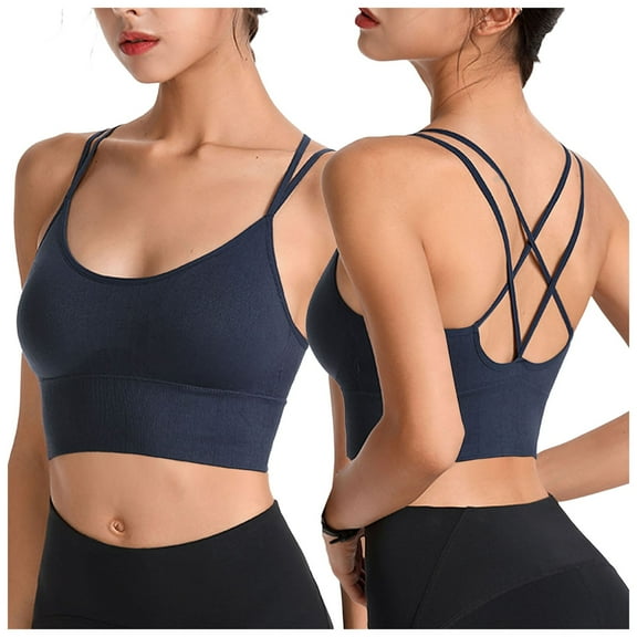 COMVALUE Yoga Sports Workout Bras for Women Seamless Molded Cup Spaghetti Double Strap Bra Scoop Neck Tank Top Bras (Blue, L)