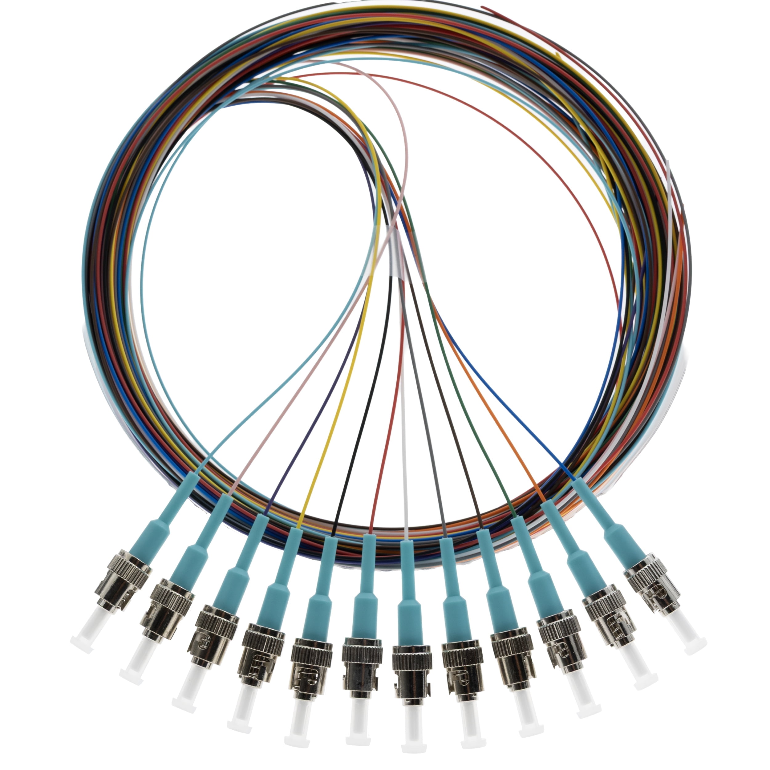 Multimode Color Identifications COMZON 12 Fiber Pigtail, Multimode OM3, ST/PC, Aqua Boot, 9.8 Feet (3 ...