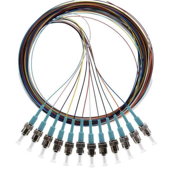 COMZON 12 Fiber Pigtail, Multimode OM3, ST/PC, Aqua Boot, 9.8 Feet (3 Meter), Low Insertion Loss, Color-Coded