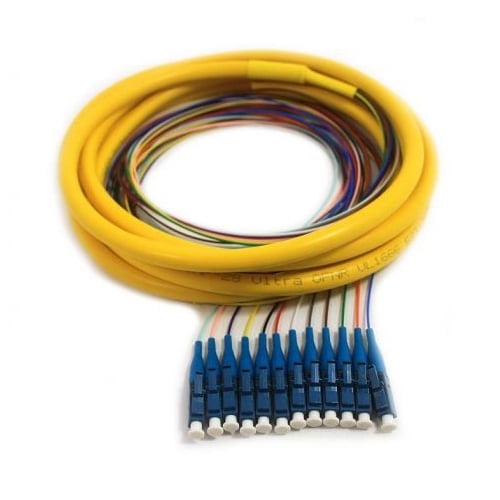 12 Strand Fiber Distribution Pigtail, Singlemode, LC/UPC Connectors, Blue Boots, 9.8 Feet (3 Meter) - Color Coded, Low Loss