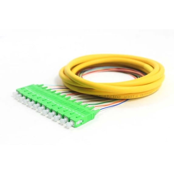 COMZON 12 Strand Fiber Distribution Pigtail, Singlemode, SC/APC Connectors, Green Boots, 9.8 Feet (3 Meter) - Color Coded