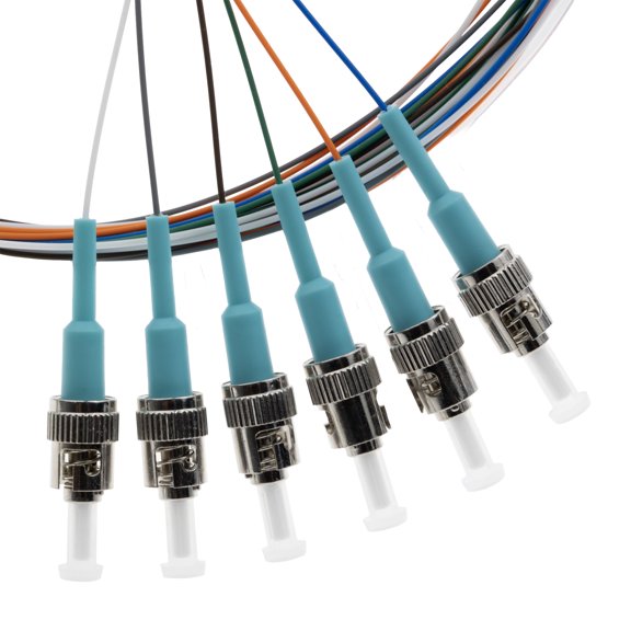 COMZON Fiber Pigtail, Multimode OM3, 6 Fiber, ST/PC, 9.8 Feet (3 Meter), Aqua Boot, Color-Coded, Low Insertion Loss
