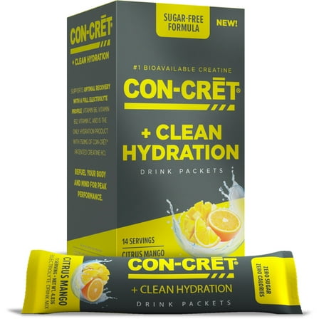 CON-CRET + Clean Hydration, Full Electrolyte Profile, Creatine HCl, Citrus Mango, 14 Count
