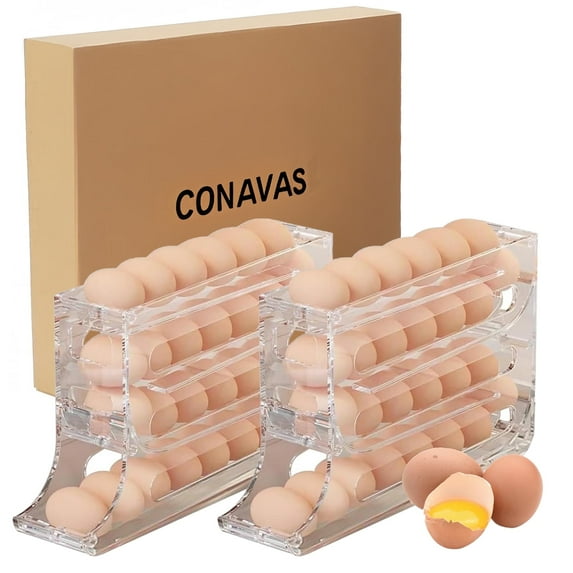 CONAVAS 2 PCS Egg Dispenser Automatic Rolling Egg Tray Organizer, Space Saving Refrigerator Egg Roller,Works in The Refrigerator, Kitchen, Cabinets, and Dining Table - Transparent