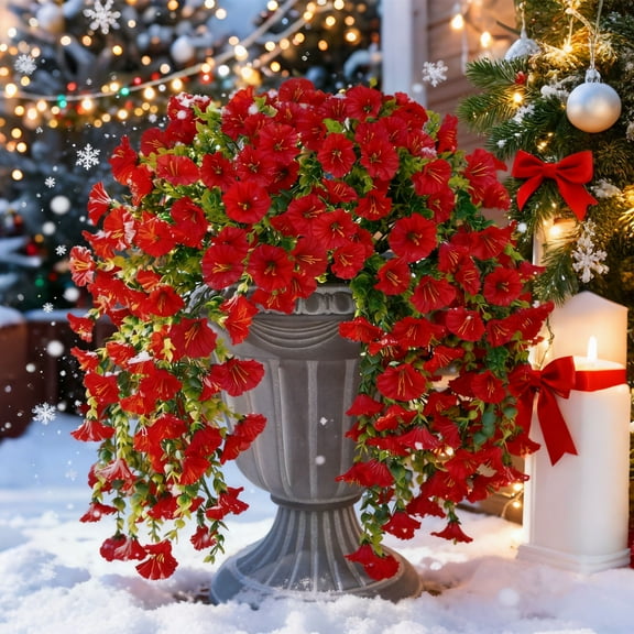 BITOUSHI Artificial Fake Hanging Flowers Plants for Outdoor Spring Summer Decoration 2PCS Faux Silk UV Resistant Realistic Morning Glory Trailing Vines for Home Porch Patio Balcony(Red)