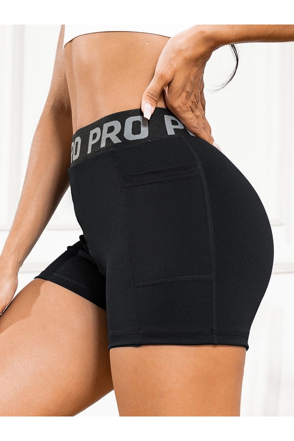 Biker Shorts Women Workout Shorts Women Yoga Shorts with 2 Pockets High Waisted Yoga Running Gym Spandex Compression Shorts - Black - L