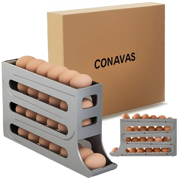 CONAVAS Egg Holder for Fridge, Egg Dispenser Auto Rolling Egg Tray Storage and Organizer, Space-Saving Egg Roller for Refrigerator - Gray
