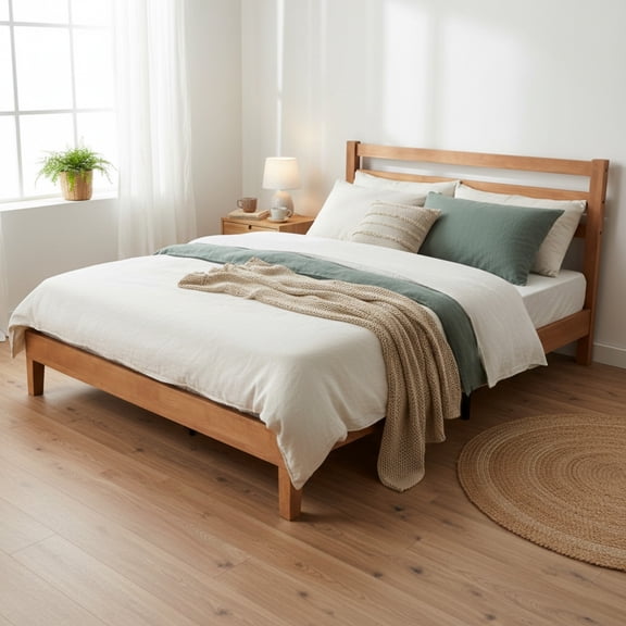CONCETTA Wood Queen Size Bed Frame with Headboard, Walnut Finish, Sturdy Slat Support, Ideal for Bedroom and Guest Room