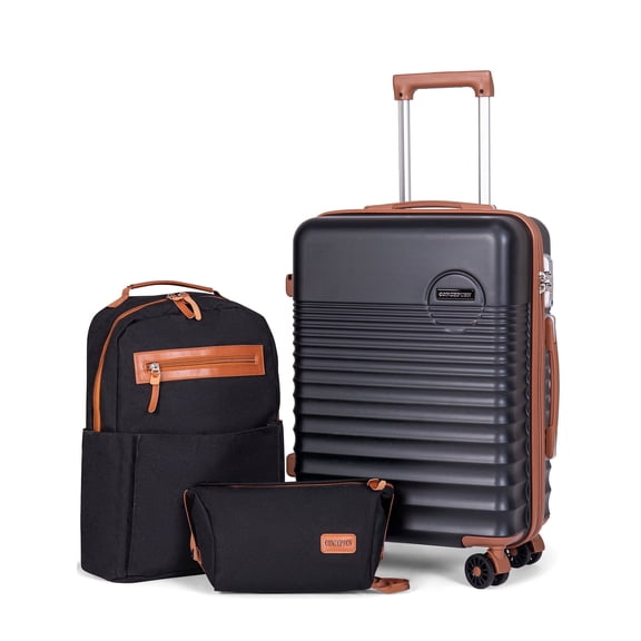 CONCEPTEN 3-Piece Carry on Luggage Set, 20 Inch Airline Approved Hardshell Suitcase with Spinner Wheels, Lightweight ABS Travel Luggage with TSA Lock, Backpack & Toiletry Bag,Black