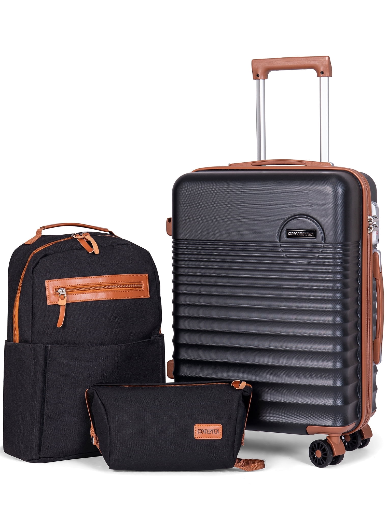 CONCEPTEN 3-Piece Carry on Luggage Set, 20 Inch Airline Approved Hardshell Suitcase with Spinner Wheels, Lightweight ABS Travel Luggage with TSA Lock, Backpack & Toiletry Bag,Black