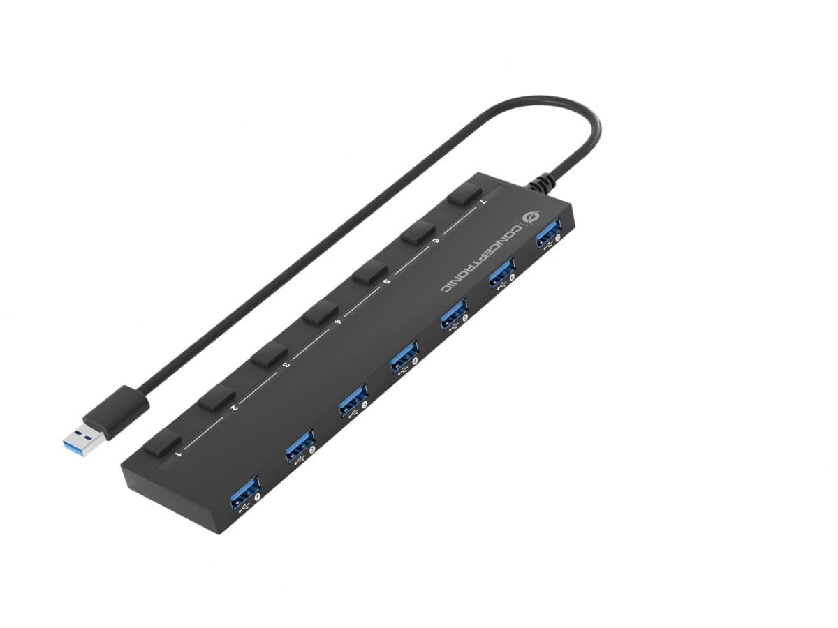 CONCEPTRONIC HUBBIES19BP 7-Port USB 3.0 HUB with Power Supply, 90 cm Cable, Individual Power Sw