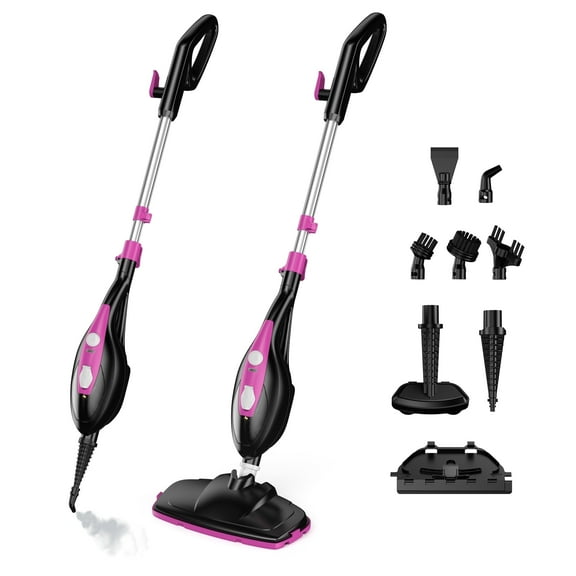 CONCETTA 10-in-1 Steam Mop 1550W, Detachable Handheld Cleaner with 16FT Cord, 2 Washable Pads, Multi-Purpose for Hardwood, Carpet, Tile, Grout, Windows, Black Pink