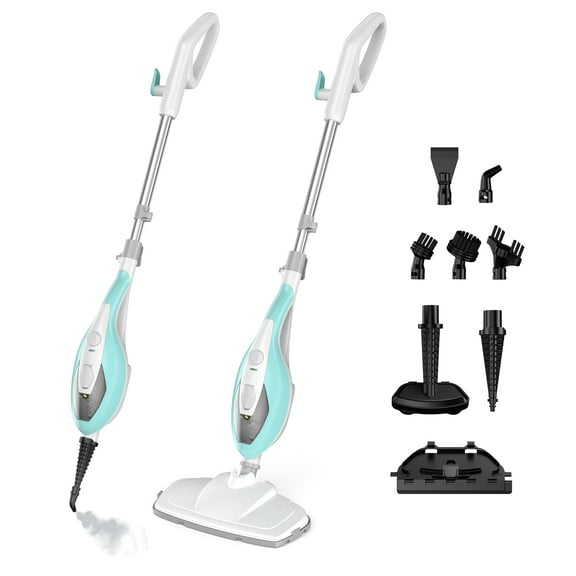 CONCETTA 10-in-1 Steam Mop 1550W, Detachable Handheld Cleaner with 16FT Cord, 2 Washable Pads, Multi-Purpose for Hardwood, Carpet, Tile, Grout, Windows, White Green