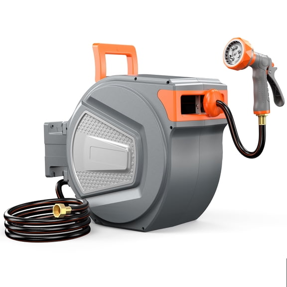 CONCETTA 100ft Wall Mount Garden Hose Reel with Manual Crank Handle, 1/2 Inch Hose Storage Organizer for Patio Yard Outdoor Use, Gray