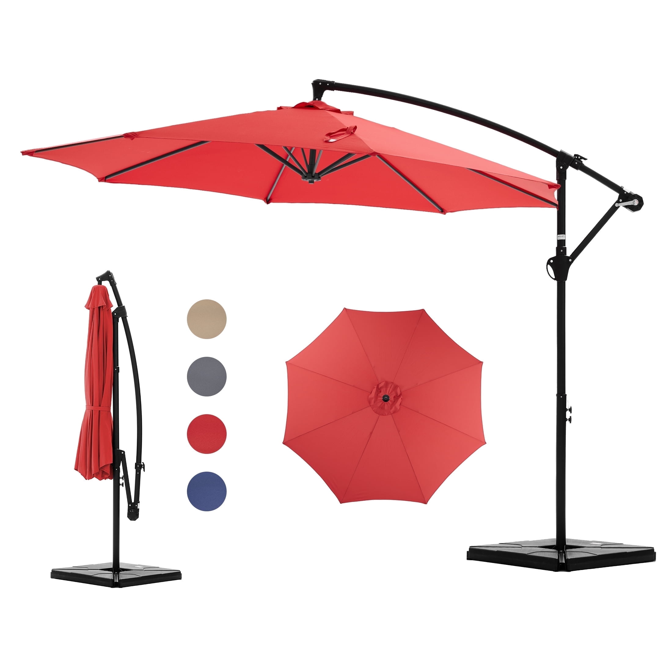 SHOUFTW 10 ft Offset Outdoor Patio Umbrella with Base, Easy Tilt & Crank, Adjustable Polyester Shade for Garden, Backyard, Poolside, Red