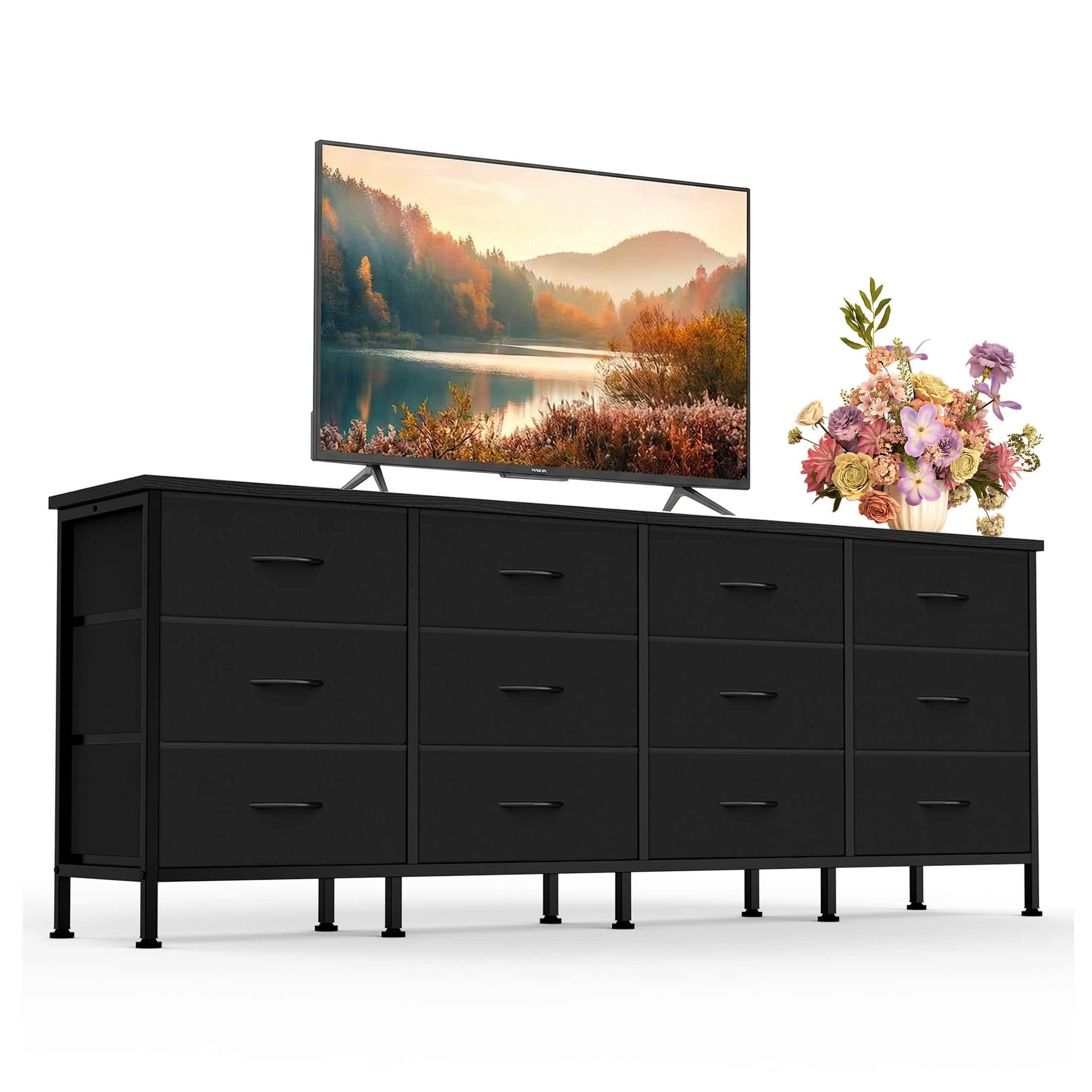 CONCETTA 12 Drawer Storage TV Dresser, Metal Frames Resist Deformation, Adjustable Feet Prevent Tipping, Accommodates TV Up to 80 inch, Suitable for Living Room,Black