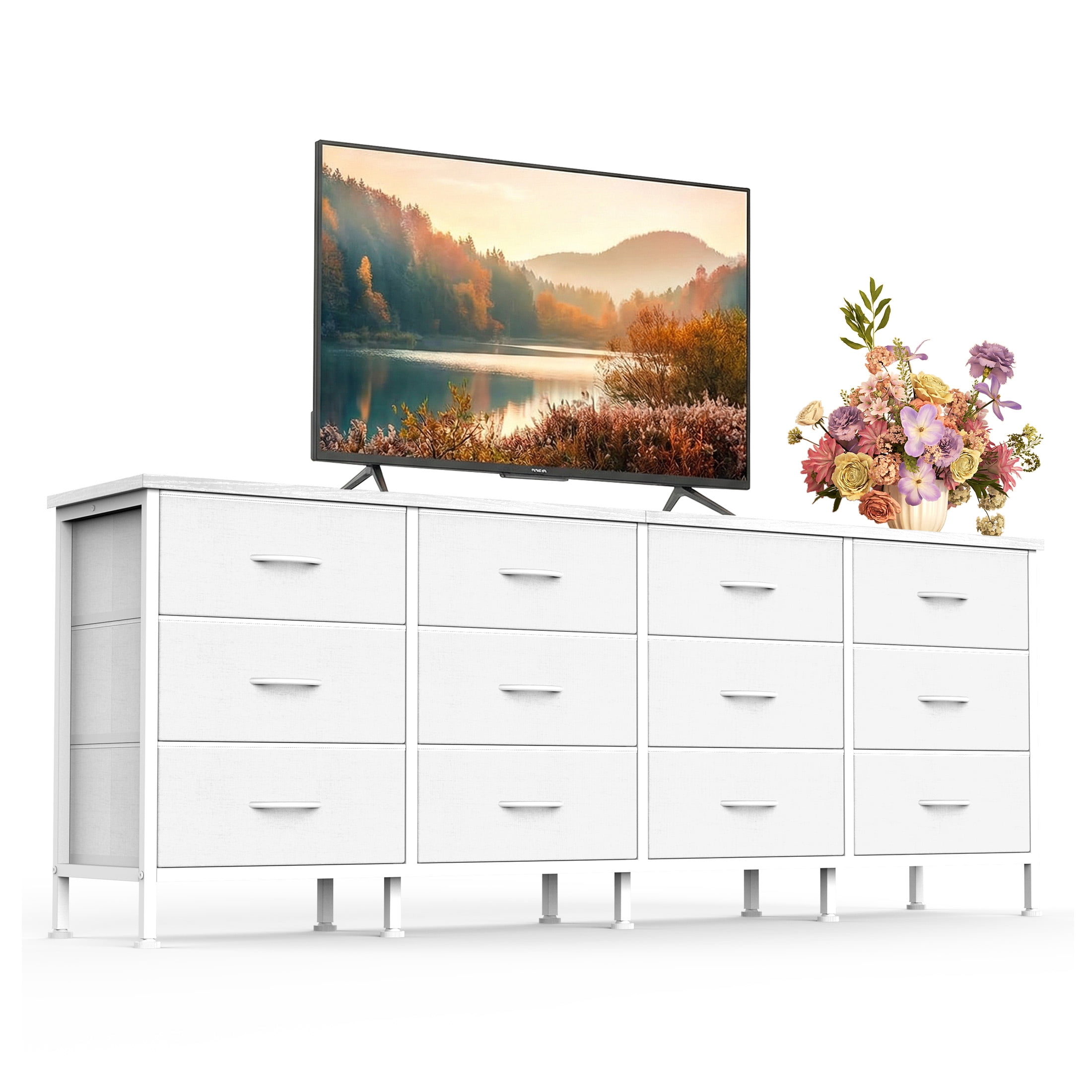 CONCETTA 12 Drawer Storage TV Dresser, Metal Frames Resist Deformation, Adjustable Feet Prevent Tipping, Accommodates TV Up to 80 inch, Suitable for Living Room, White