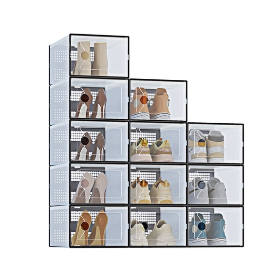 CONCETTA 12-Pack Shoe Box Organizer for up to US Size 9, Stackable Plastic Storage Rack for Closet Hallway Bedroom, Black